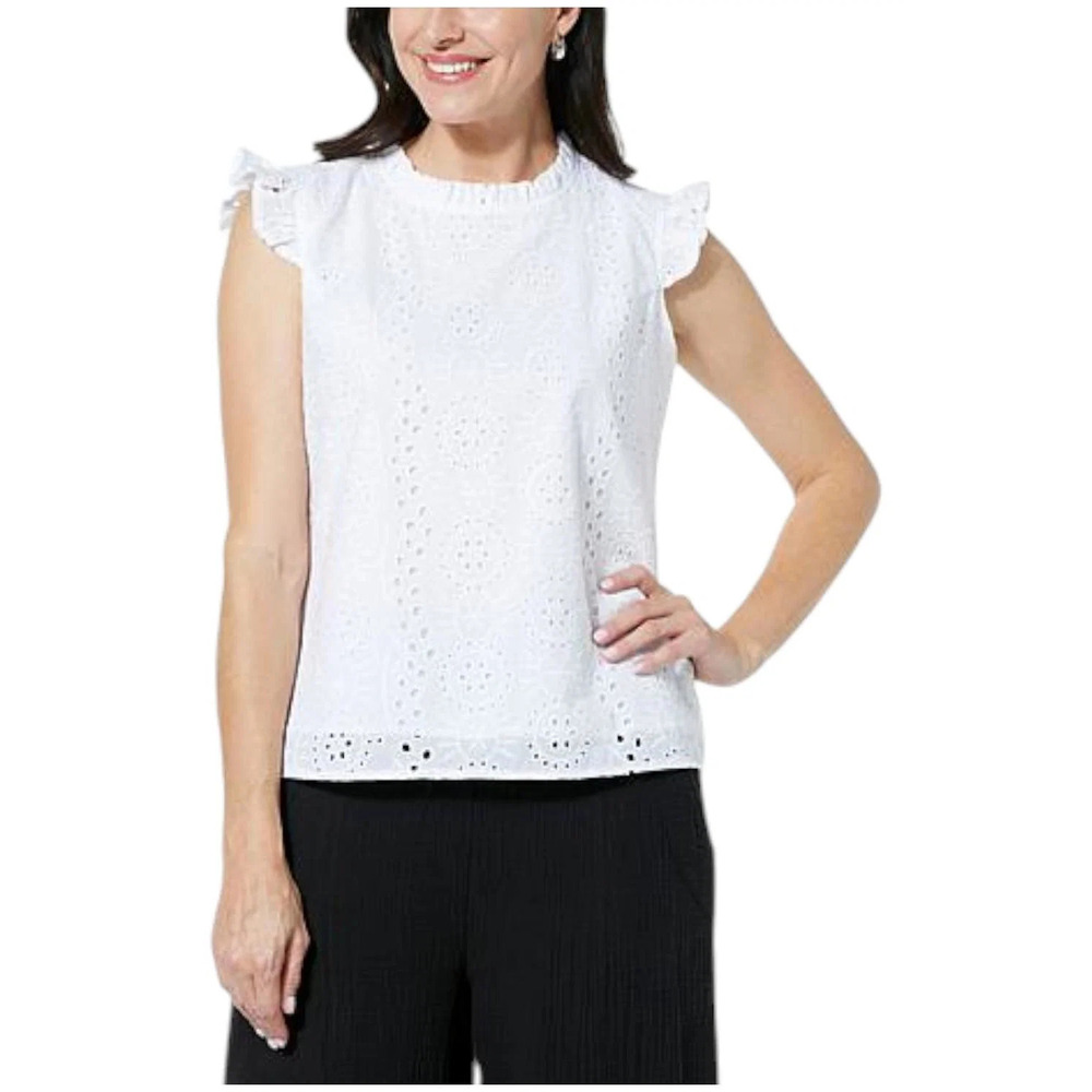 Lacey Chabert Flutter Sleeve Eyelet Top White - Regular